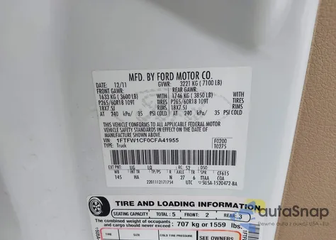 2012 Ford F-150 Lariat from USA, damaged, VIN 1FTFW1CF0CFA41955